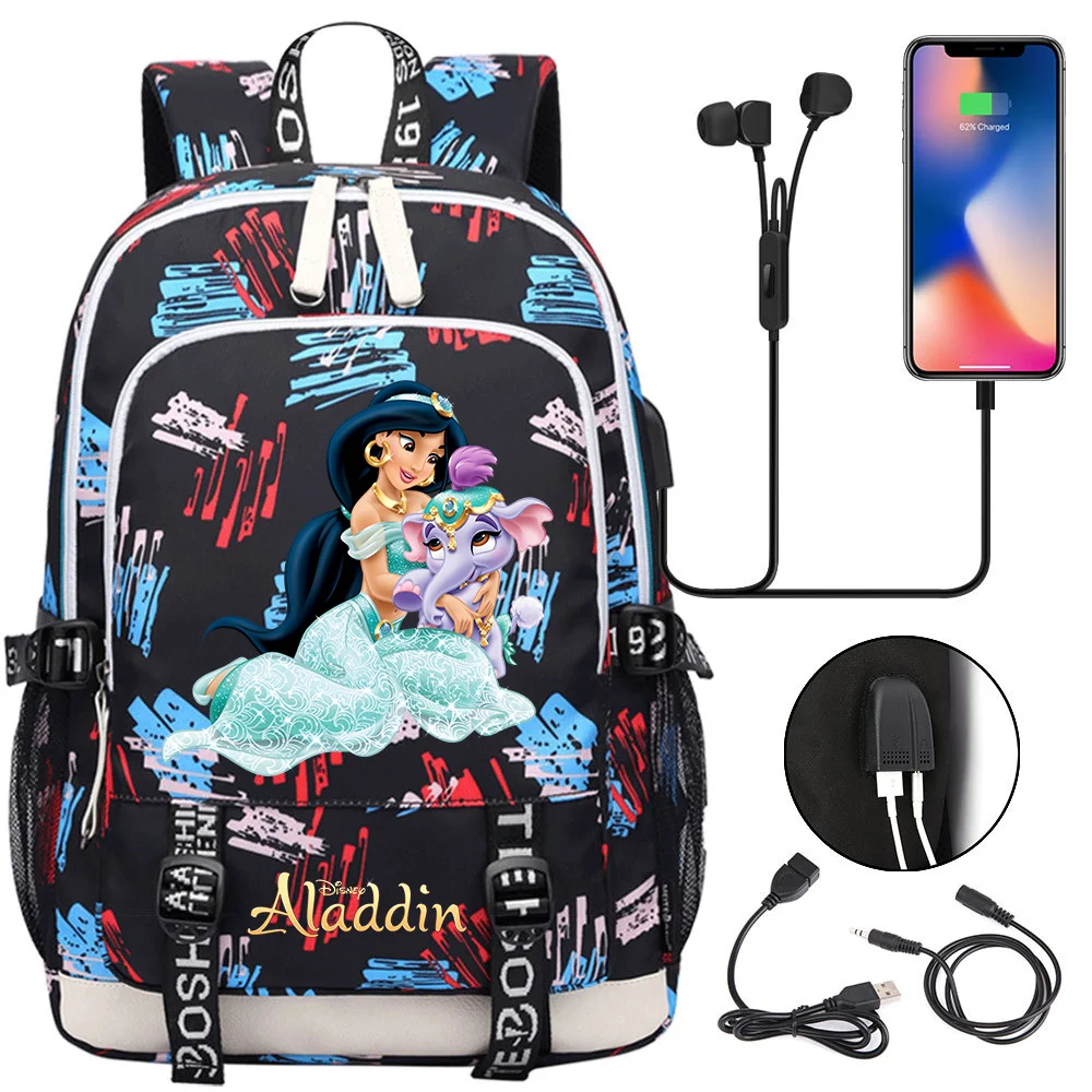 New Disney Aladdin School Backpack Teenager USB Charging Laptop Backpack Cartoon Boys Girls Student Book Bag Travel Bag Mochila