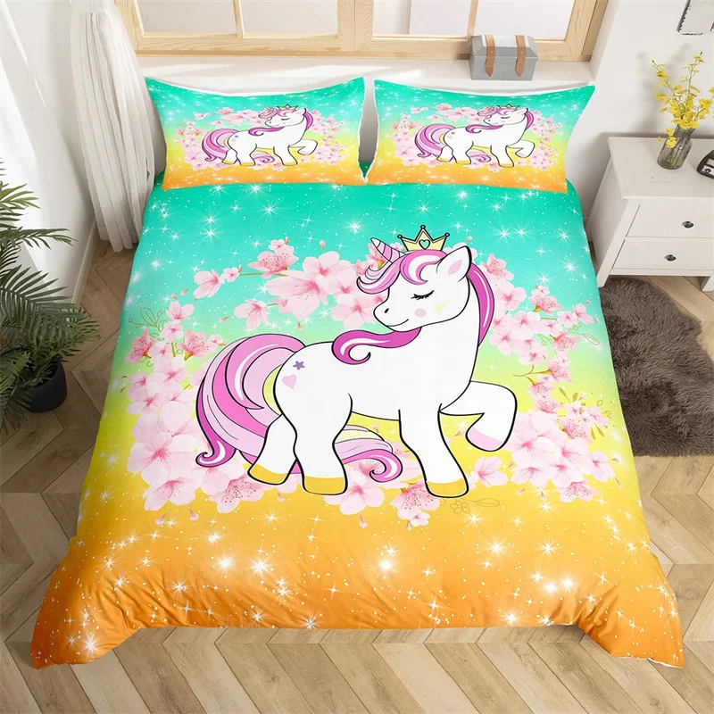 Magical Unicorn Duvet Cover Silver Eyelash Bedding Set Queen Cute Dreamy Horse Comforter Cover Microfiber Flowers Stars Bed Set