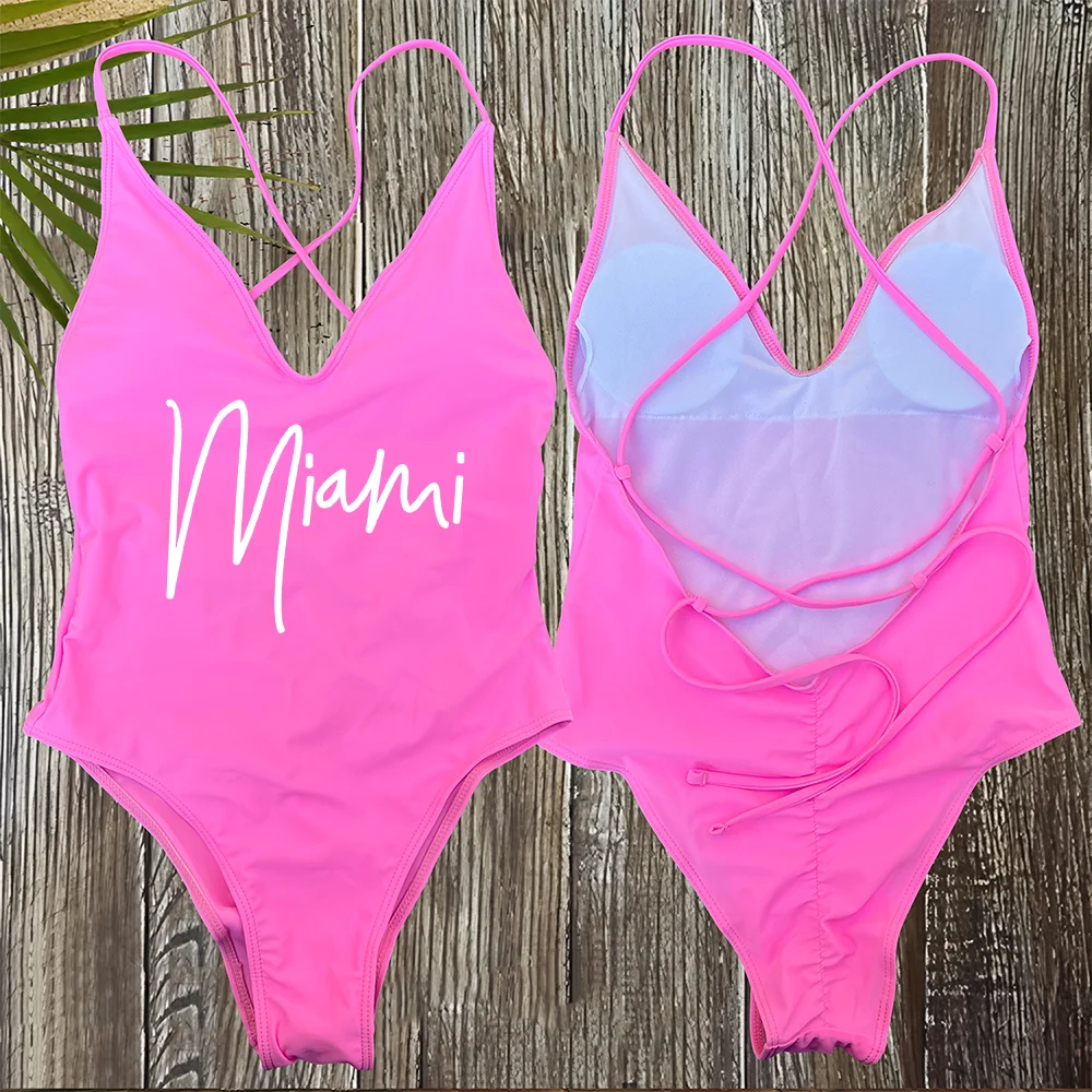 Tahoe Bademode Miami Damen Sexy gepolsterter einteiliger Badeanzug Pool Party Cursive Script Badeanzug 2025, Biquinis feminino