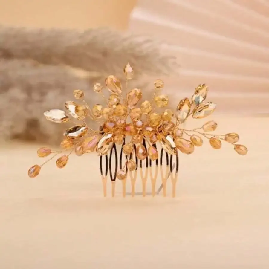 Champagne Rhinestone Beaded Hair Comb For Wedding Party Bridal Accessory