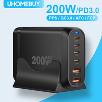 UHOMEBUY 200W GaN Desktop Charger 6-port USB Type C PD 100W Charger Quick Charge 3.0 Fast Charger Mobile USB Charger