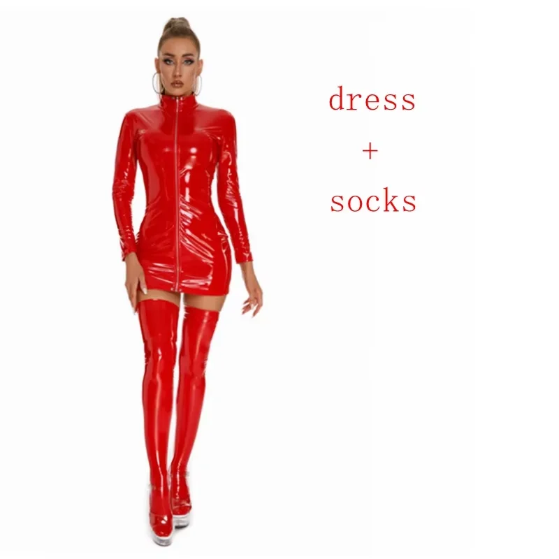 New Long Sleeve Wet Look PVC Vestido Front Zipper Shiny PU Leather Hot Dress Tight Package Hip Minifalda Sexy Dresses With Socks