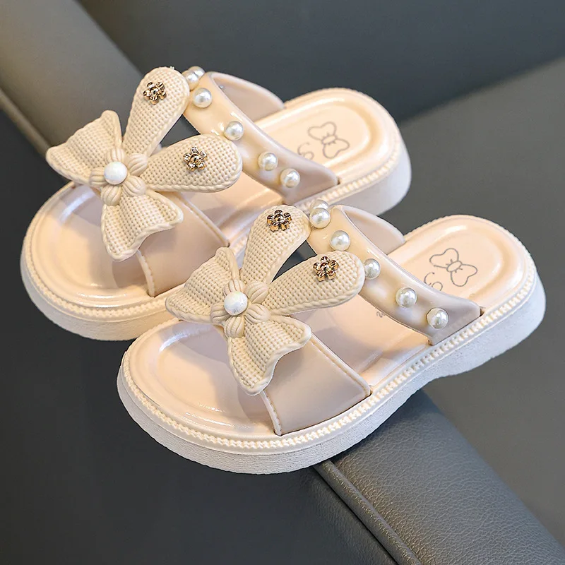 Girls Slippers Fashion Cartoon Princess Shoes Summer Soft Sole Non-slip Indoor Slippers Cute Bow Pearl Bathroom Slides Flip Flop