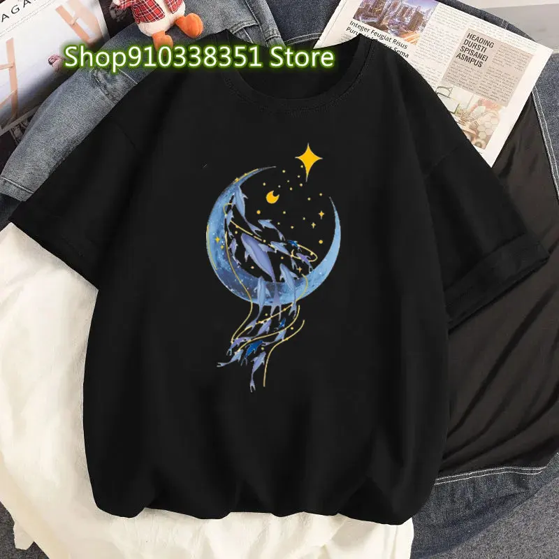 Whale Moon Design O-neck Short-sleeved T-shirt Woman Ins Fashion Shirt 2024 Couple Clothes Loose Y2k Top Women Graphic T-shirt