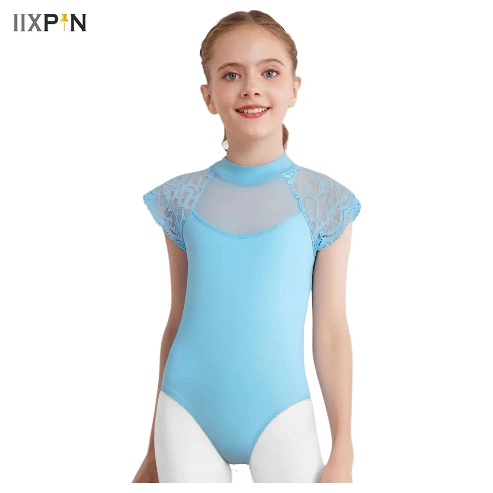 

Kids Girls Cotton Dance Leotard Lace Cap Sleeves Sheer Mesh Patchwork Cutout Bodysuit Ballet Practice Examination Dancewear