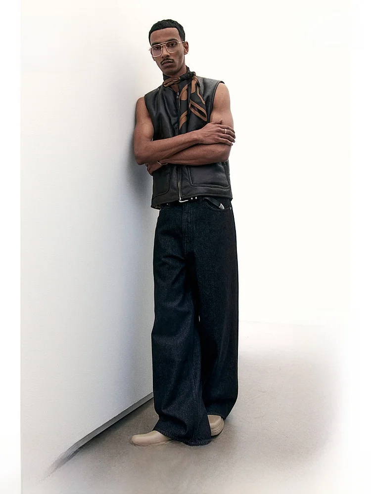 

High Waist Wide Leg Men's Jeans Casual Commuter Cotton Trousers Loose Fit Water Washed H&M Men's Summer Long Pants