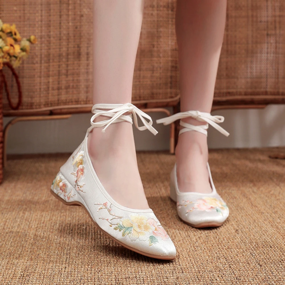Veowalk Long Ankle Strap Summer Women Gauze Mesh Embroidered Ballet Flats Breathable Comfortable Walking Shoes for Elegant Lady
