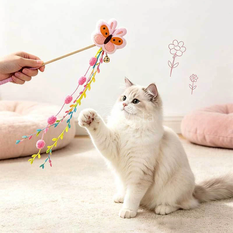 Adorable Floral Cat Wand Toy Wooden Handle Colorful Tassels Boredom Relief Interactive Kitten Teaser Stick Pet Play Supplies