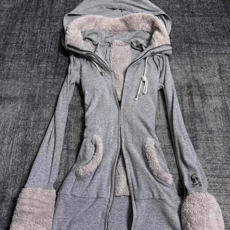 Autumn Winter New Gray Hooded Sweatshirt Women's Jackets  Original Design Lamb Wool Splicing Sweet Cool Creative Top Coat Ladies