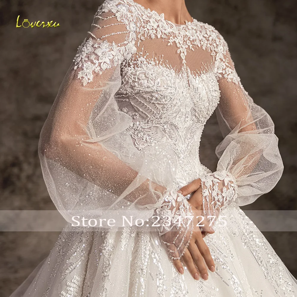 Loverxu-vestidos De Novia elegantes, corte en A, cuello redondo, manga larga abombada, apliques De cuentas, Vestido De Novia hecho a medida con lentejuelas