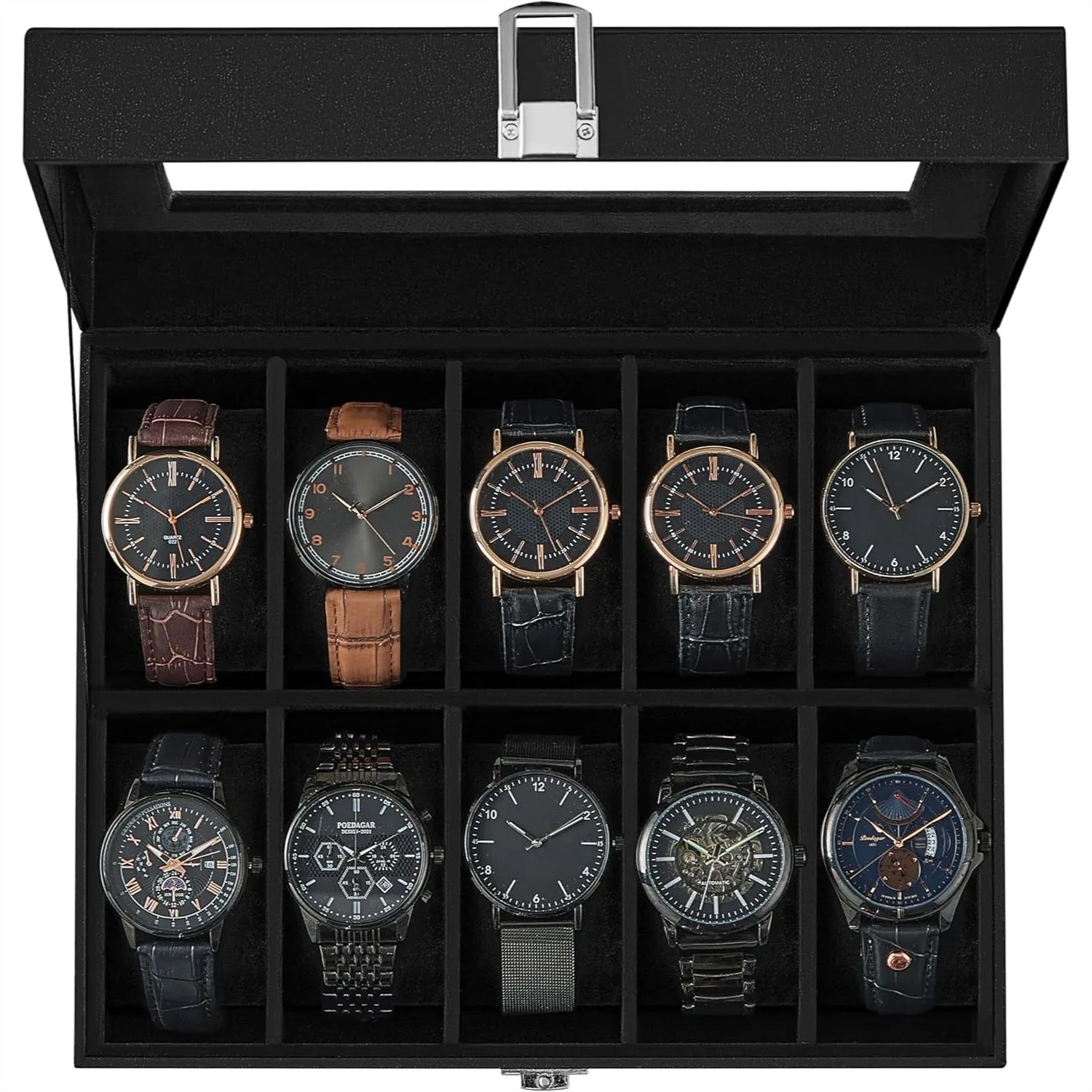 

10-Slot Watch Box with Glass Lid, PU Leather Watch Case Organizer for Men, Removable Pillows, Gift for Watch Lovers