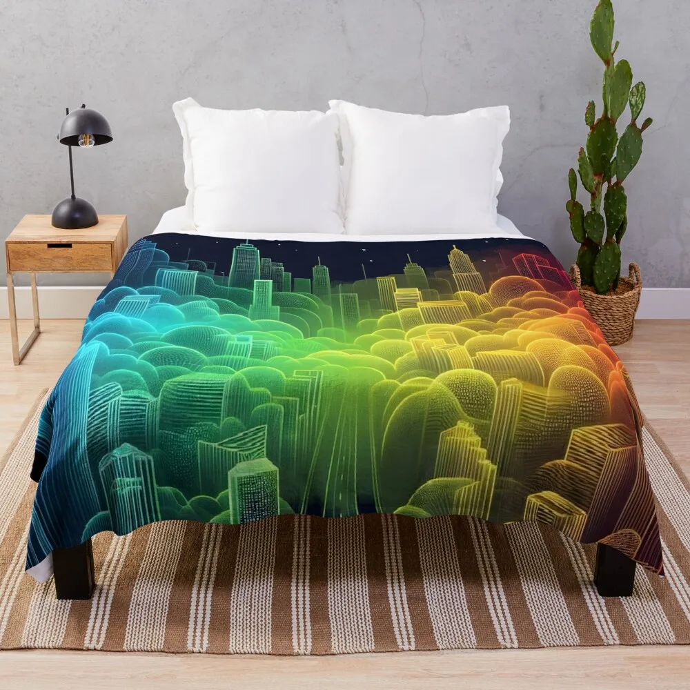 neon city, neon glare dynamic glow on a black background Throw Blanket Flannels Cute Plaid Loose Blankets