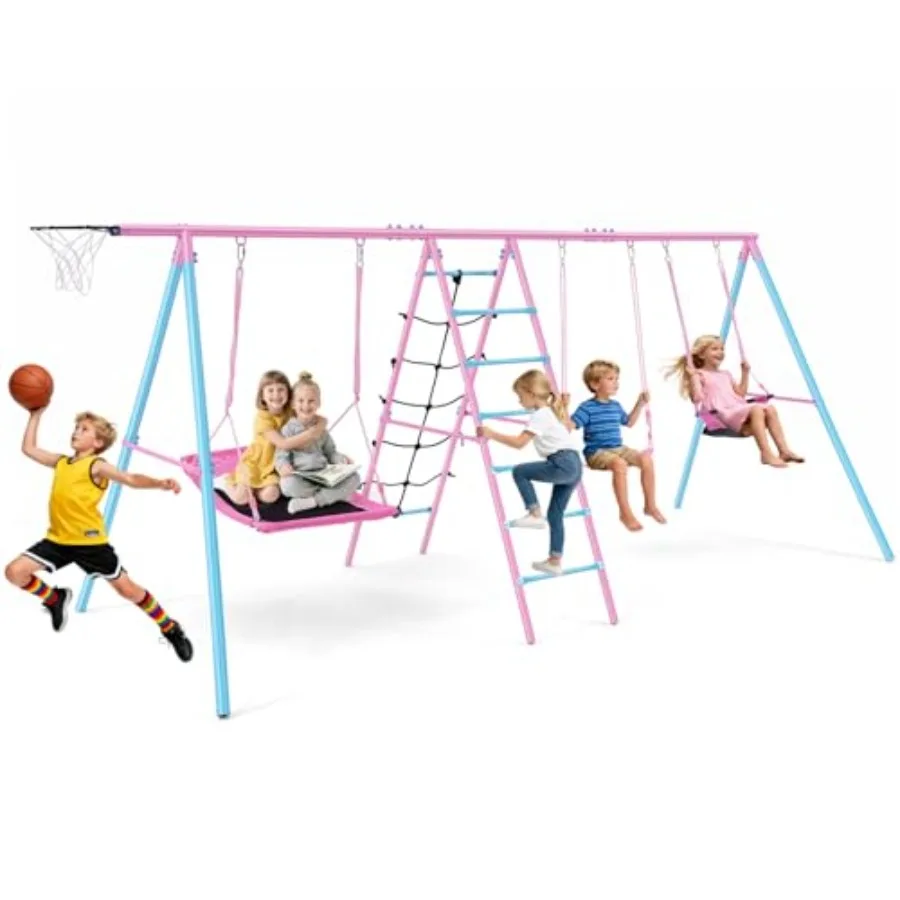 

Сверхмощный уличный качели 6-в-1 для заднего двора, емкость 700 фунтов, большой металлический игровой набор с баскетбольным кольцом, 3 регулируемых