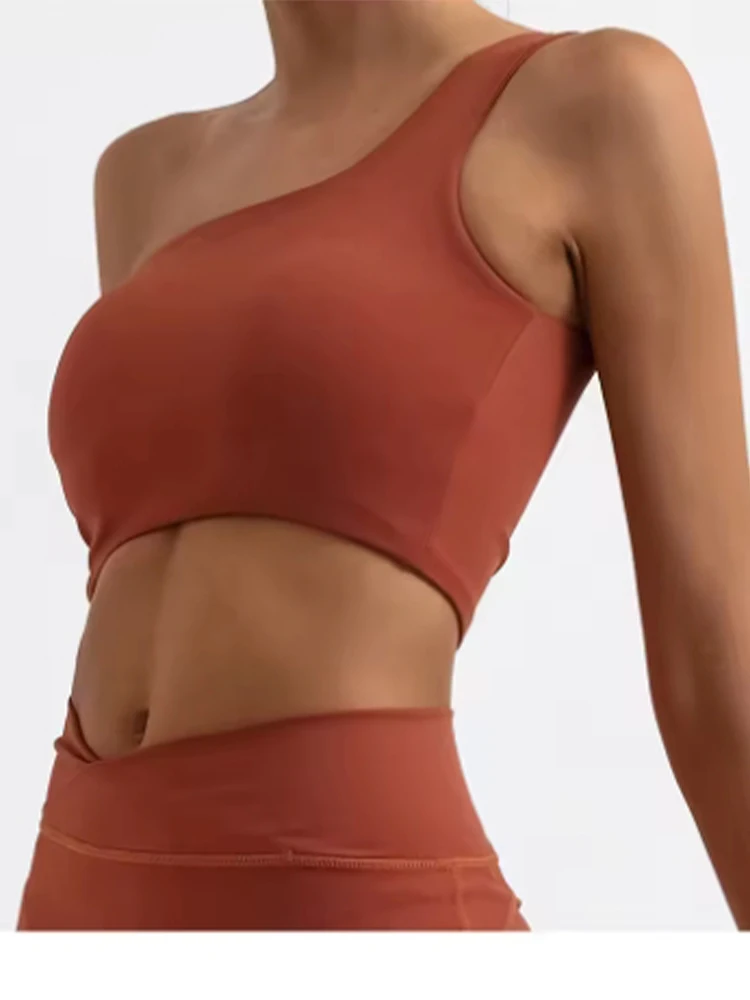 

Sport Women Yoga Vest Top Sexy Irregular Single Shoulder Back Lace-Up With Chest Pad Running Gym Fitness Cropped Feminino