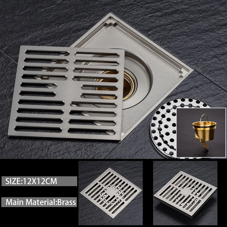 Brass Square Floor Drain， Size: 12CMX12CM; could used in bathroom,  terrace， outdoor and etc. Pipe: 50/75/110mm