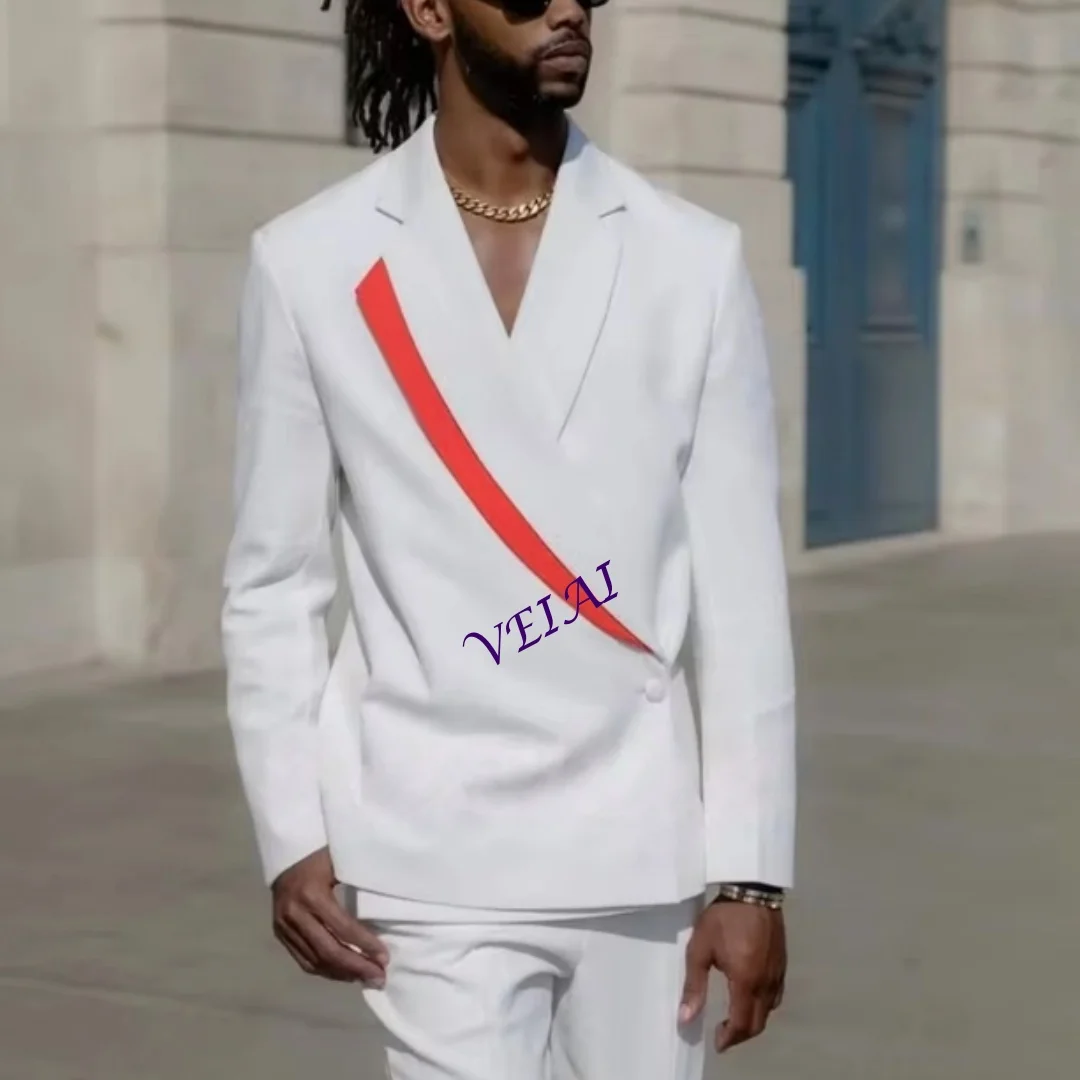 

Patchwork Fashion Men's Suit Pants 2 Piece Sets Casual White Red Suits Party Wedding Dress Prom Costume Male Suit Customized