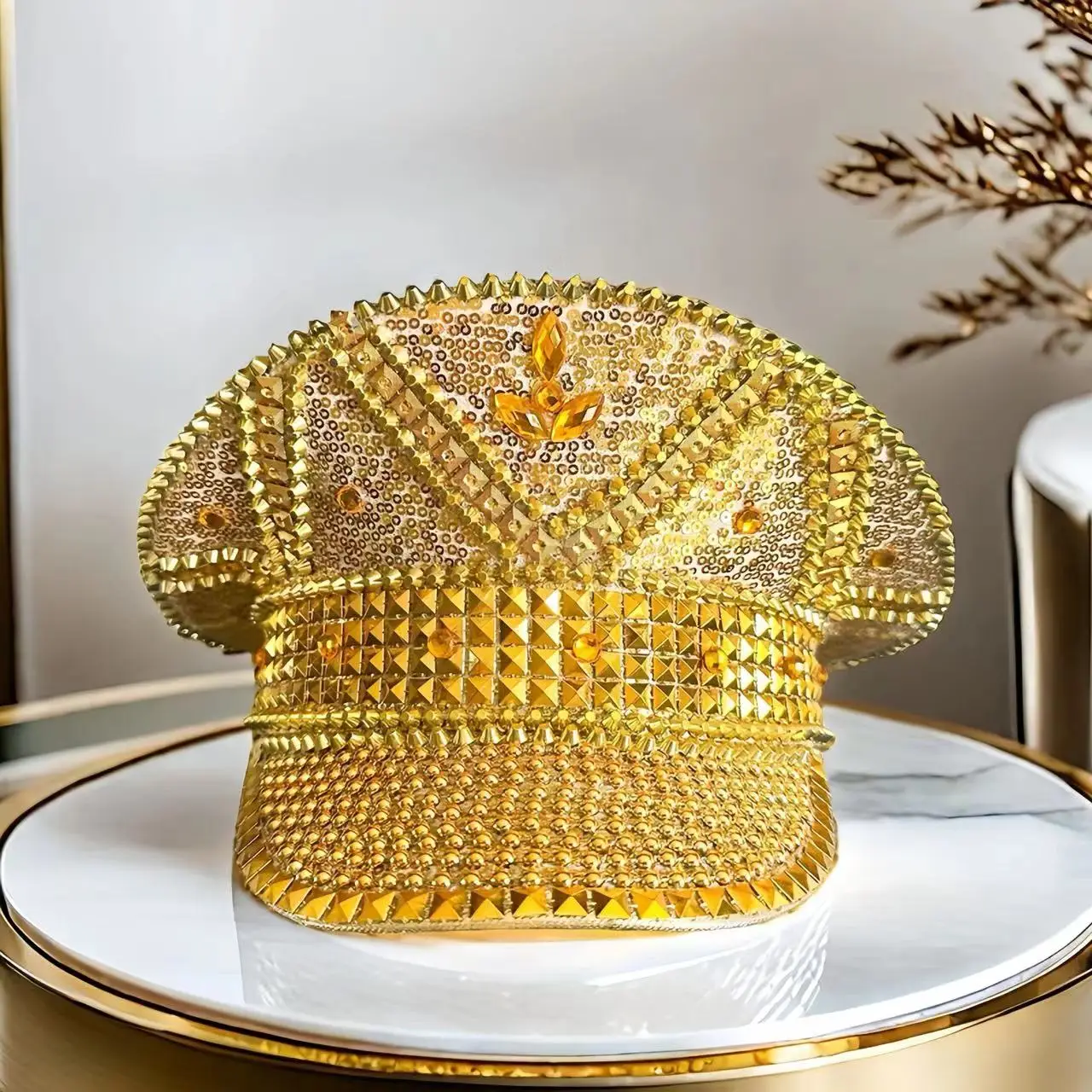 

HongLuan Women Men Gold Jewel Willow Festival Captain Hat Studded Sequin Military Caps Navy Party Hat Christmas Festival Parties