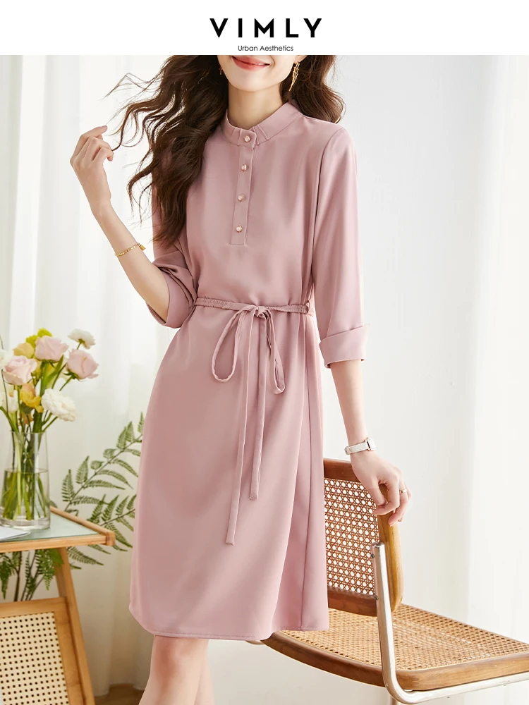 Vimly Elegant Solid Lace-up Slim Waist Dress Women 2023 Summer Straight Stand Collar Long Sleeve Office Ladies Vintage Dresses