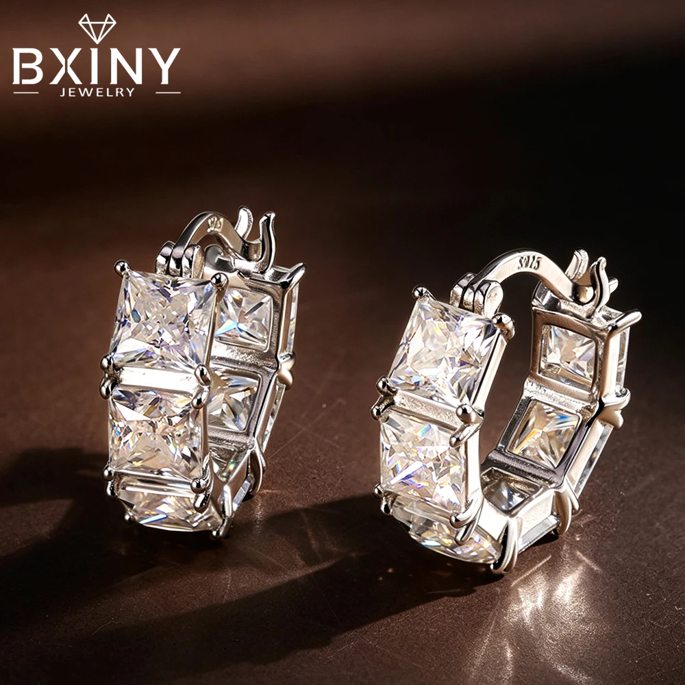 BXINY Prinzessinnen-Schliff Moissanit Huggie Creolen 925 Sterling Silber Funkelnde Diamant-Ohrringe für Damen Alltagsschmuck
