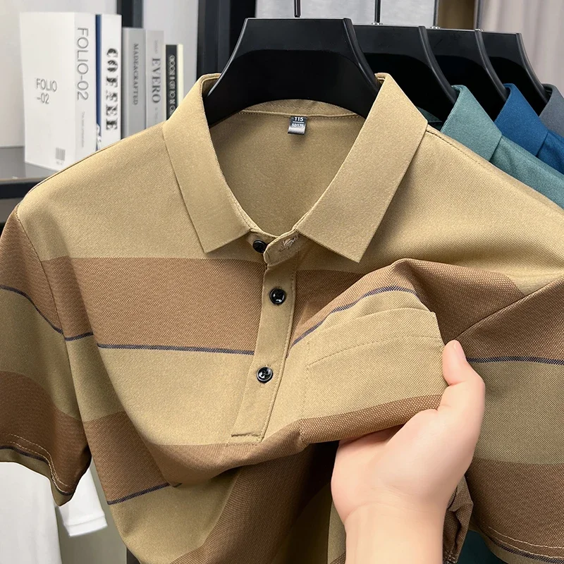 Men wide horizontal stripe short sleeve polo shirt three buttons lapel chest patch pocket breathable slim summer business top