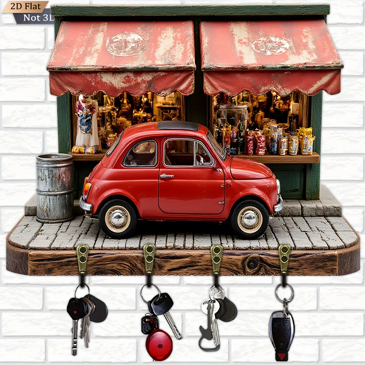 2D Flat, 1pc, Vintage Red Car Key Hook Wooden Multifunctional Home Key Holder with Four Metal Hooks, Wall Decoration, Porch