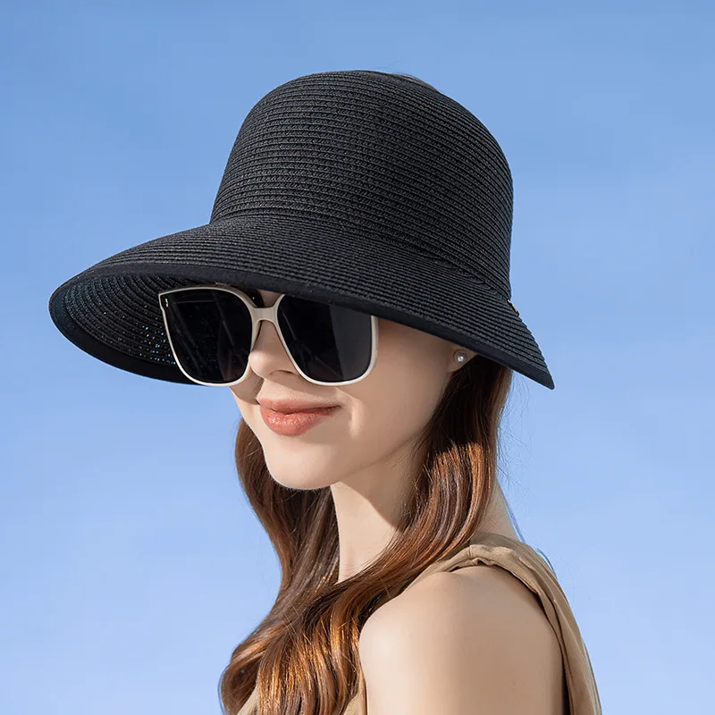 Summer Straw Empty Top Sun Hat Women Large Wide Brim Anti-UV Sunscreen Visors Outdoor Foldable Roll Up Travel Vacation Beach Cap