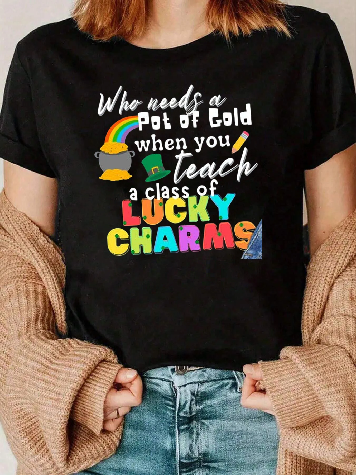 Pot Of Gold Rainbow Lucky Charms Stampa T-shirt per il giorno di San Patrizio per insegnanti Regalo in classe 220g