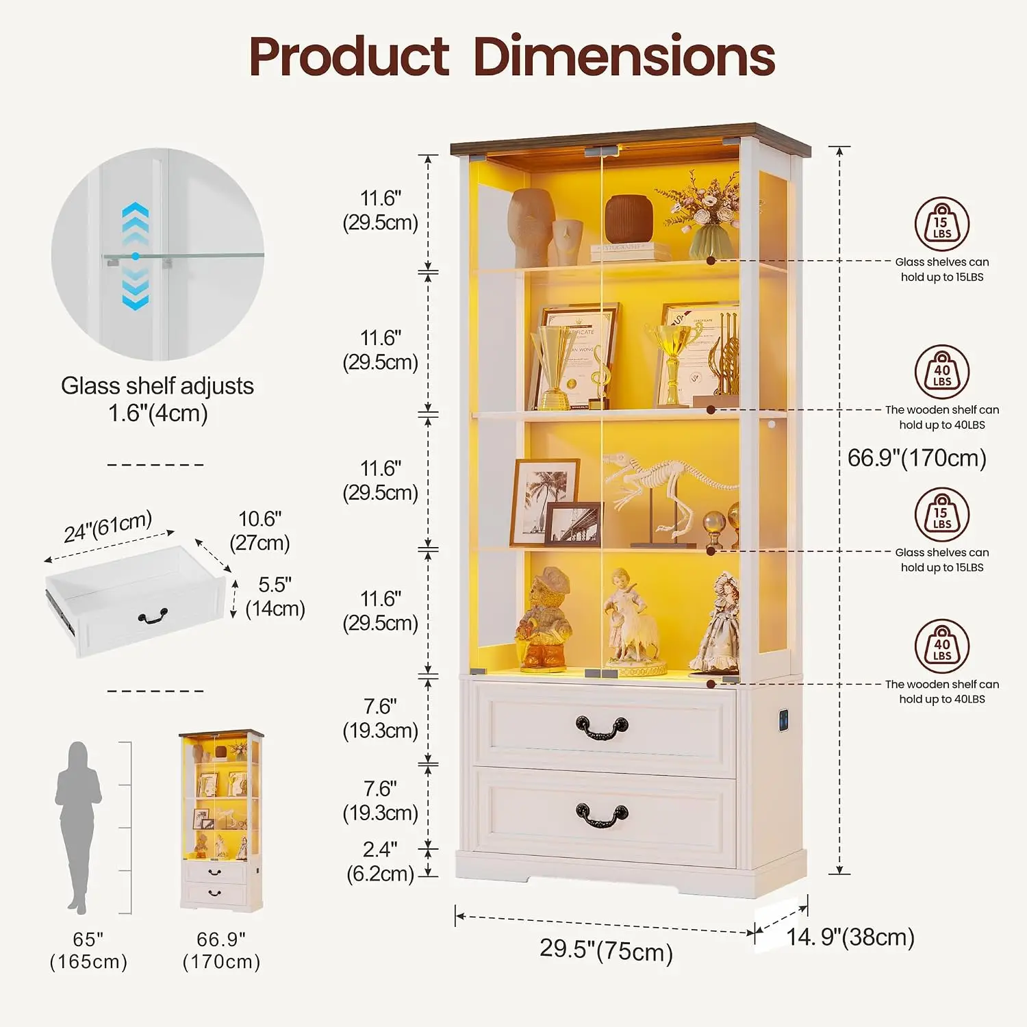 66.9 in Tall Modern Curio Display Case, Adjustable Glass Shelves, Bookcase Storage Cabinet, Human Sensor, for Collectibles