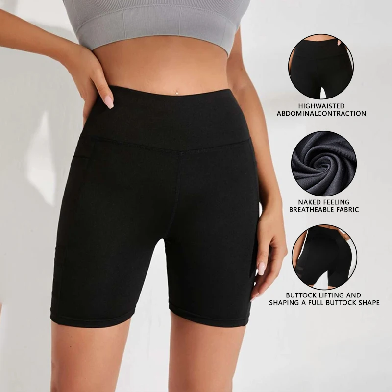 

Женские спортивные шорты с высокой талией для йоги и бега, с боковыми карманами, сетчатыми вставками и эффектом утяжки живота, компрессионные, для тренировок в зале