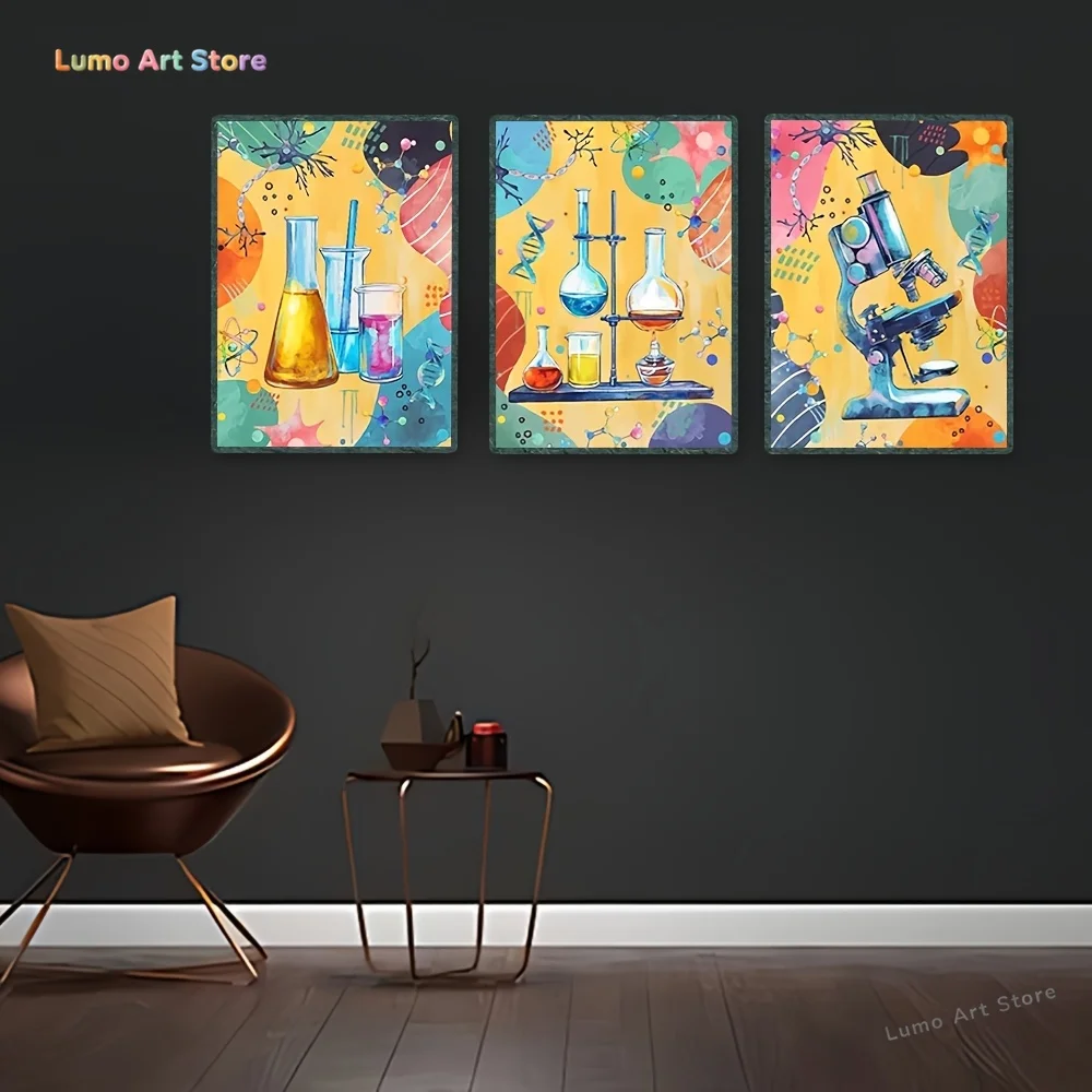 2D Flat, 3pcs Unframed Biuteawal Piece Chemical Science Wall Art Colorful Chemistry Eplore Posters Picture Print for Classroo