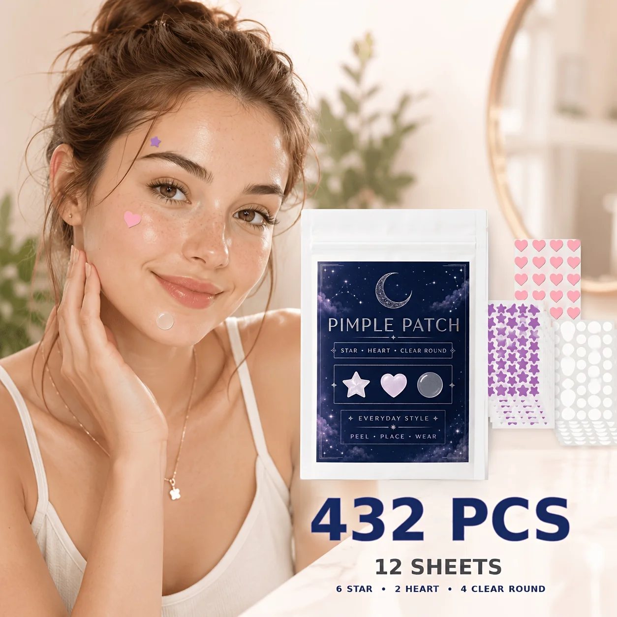 432PCS Colorful Acne Patches, Star Heart Round Pimple Stickers, Cute Face Patches, Decorative Spot Cover for Daily Wear