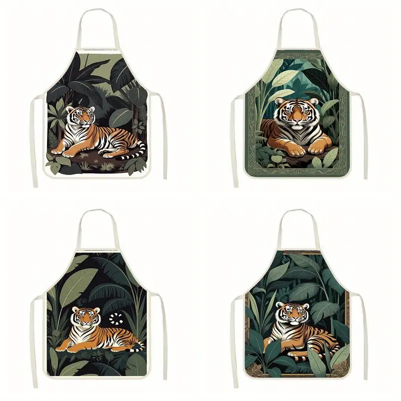 

Jungle Tiger Pattern Apron Linen Apron, Suitable For Kitchen Cooking, Parent-Child Interaction, Painting And Other Scenarios