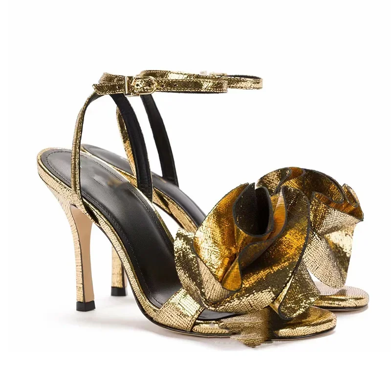 Rose Flower Round Toe Stiletto Sandals Catwalk Style French Retro Plus Size Women Shoes Gold Glossy High Heels Sandalias Mujer