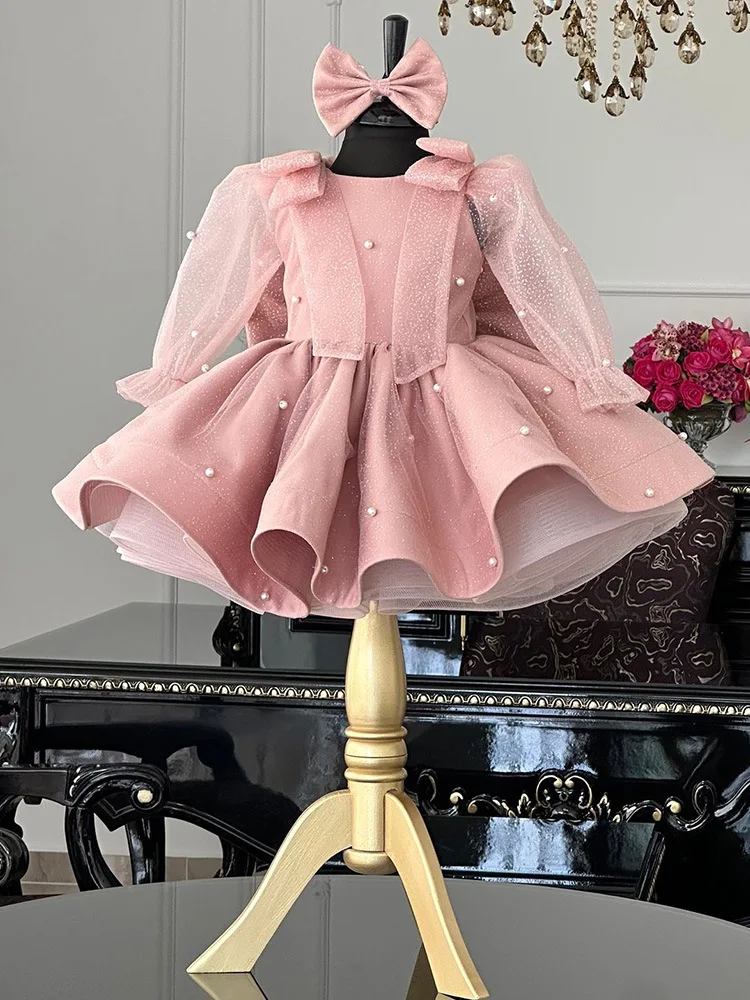 Luxury Girls pearl Big bow bambini Fluffy maniche lunghe abito da principessa abito da sposa abiti per bambini vestito da festa di compleanno per bambini