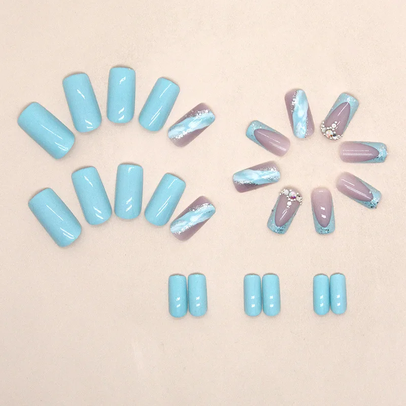 24pcs Mid length False Nails Blue Glitter Diamond French Ballet nails Press on Nails Fake Nails DIY Manicure Detachable Nail Tip