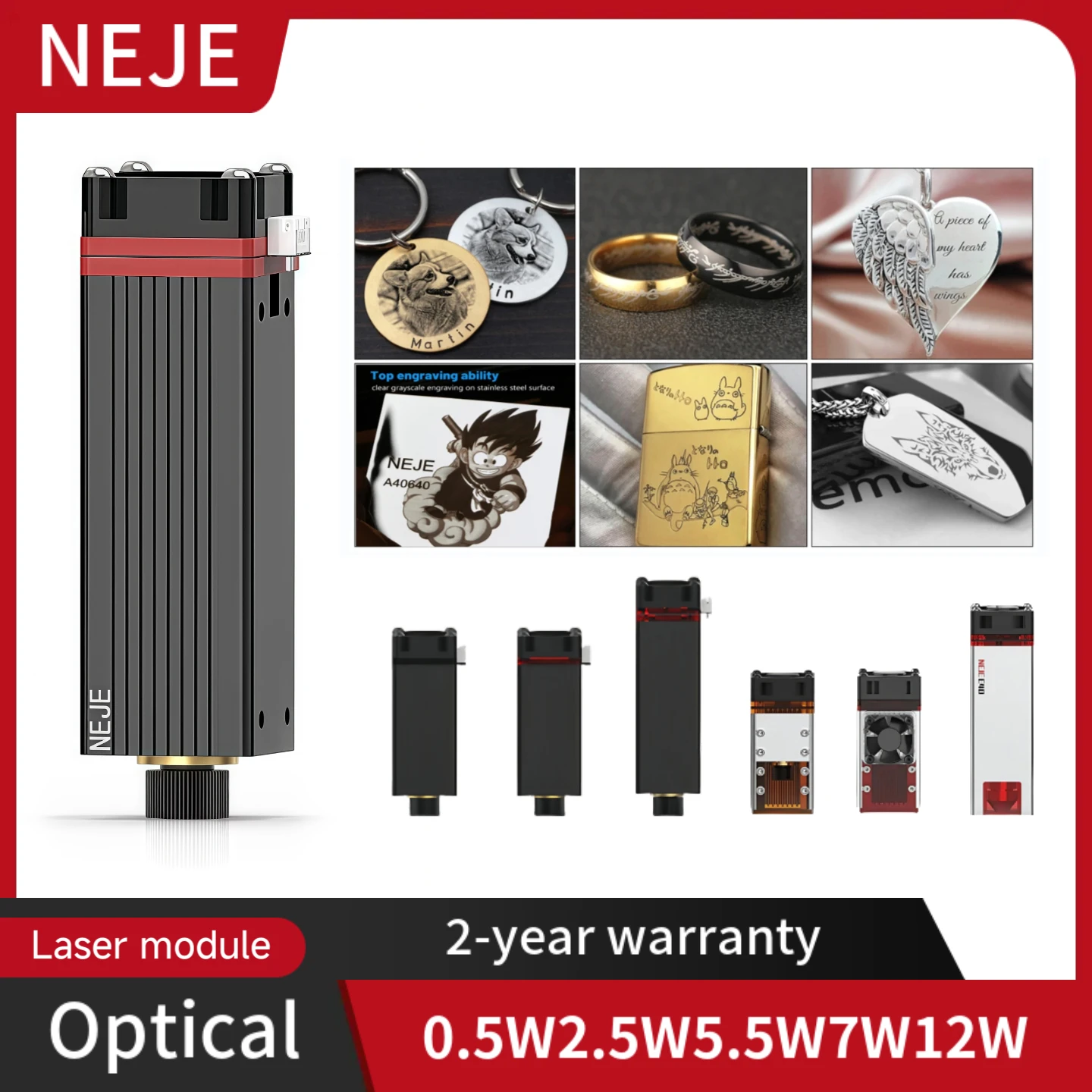 

0.5W, 2.5W, 5.5W, 7W, and 12W NEJE E40/N30820/A40640 Laser Engraving Heads - High-speed CNC engraving, PWM/TTL control