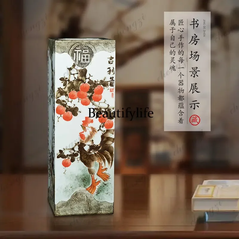 D136 Jingdezhen ceramic vase hand-painted scroll cylinder calligraphy and painting storage square inlay decorative ornament