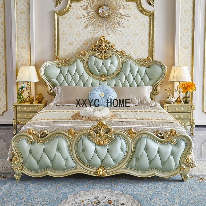 

European-style luxury double 1.5 m 1.8 m 2 m genuine leather solid wood master bedroom marriage oak carved