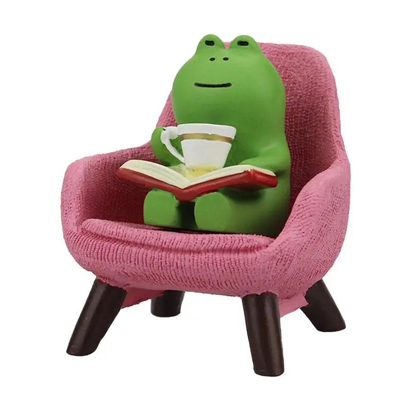 Frog Drinking Coffee Ornament Cartoon Frog Animal Statue Creative Funny Frog Reading Sculpture For Shelf Desk Decoration