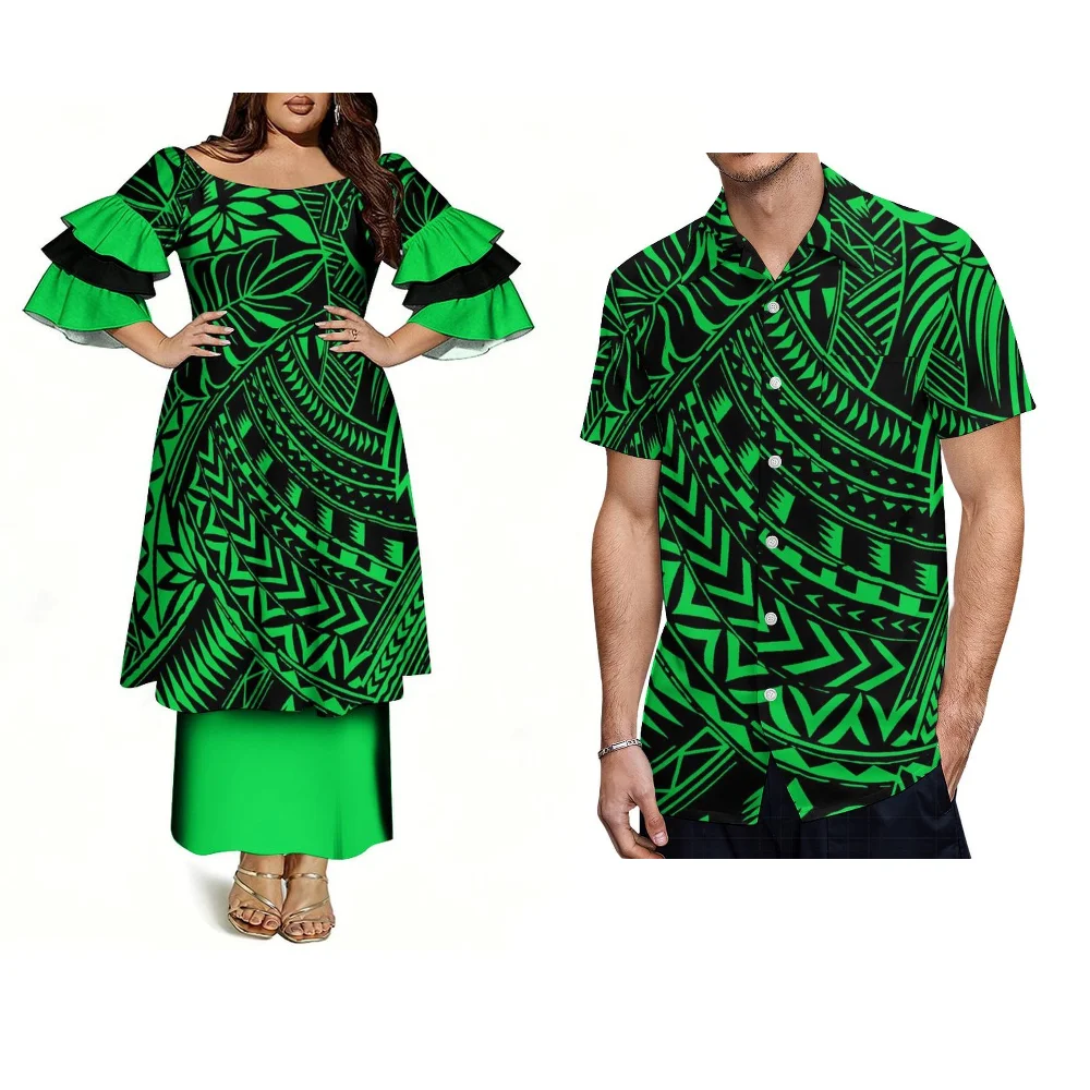 High-Quality Polynesian Island Samoa Family Party Couple Set Women'S Puletasi Dress And Men'S Short-Sleeved Shirt