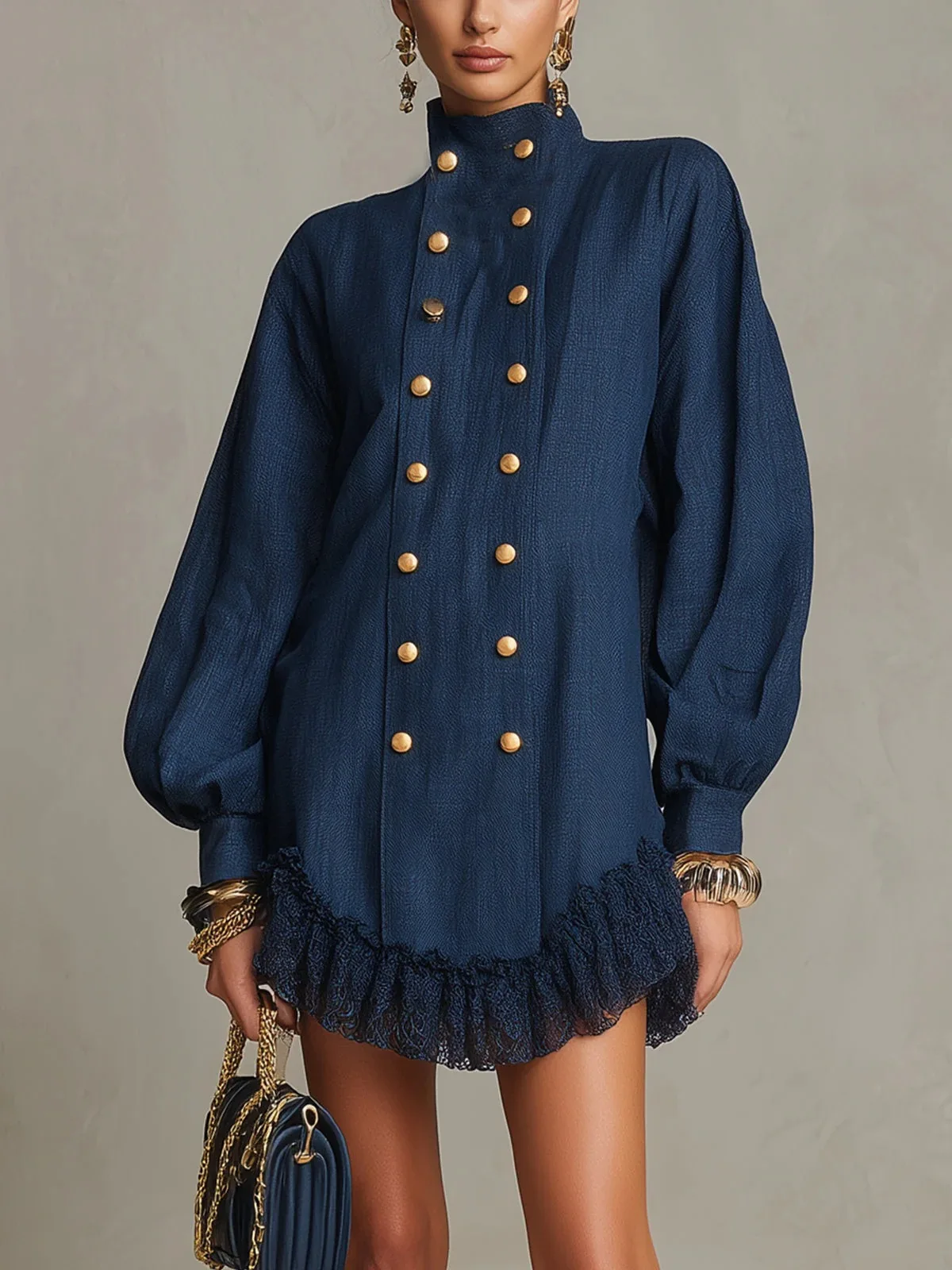 2026 Retro High Collar Lantern Sleeve Long Sleeve Women Mini Dresses Elegant Autumn Double Breasted Lace Ruffle Hem Dress