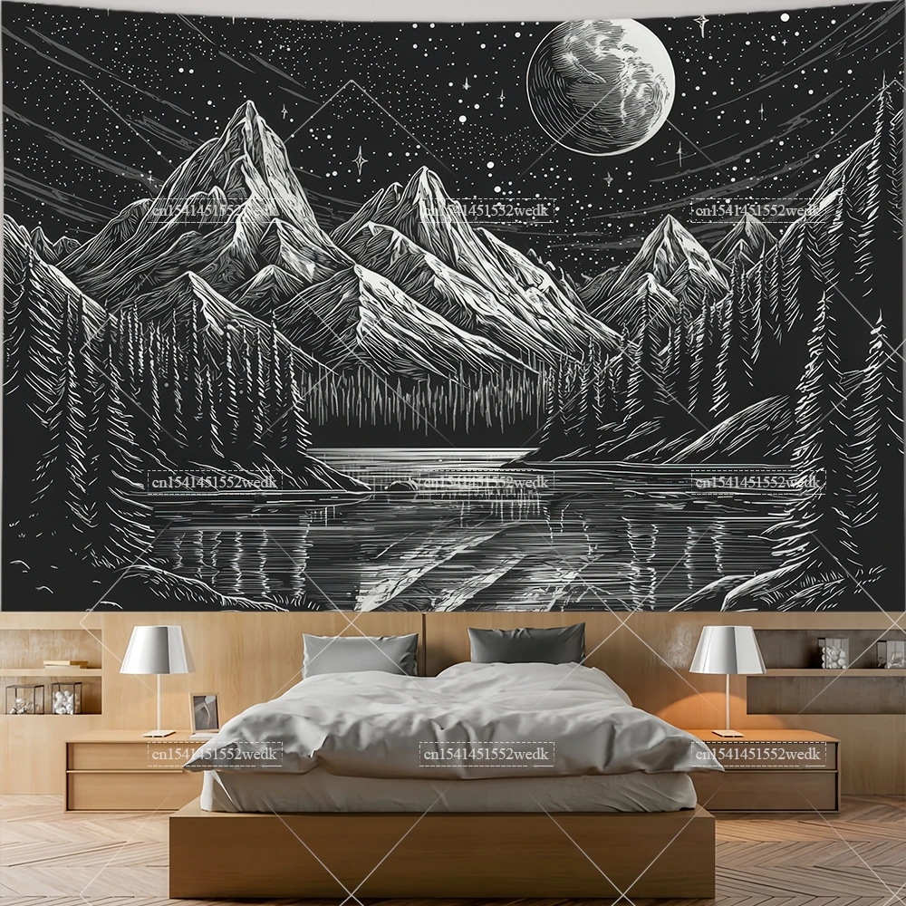 Celestial Moon And Mountain Tapestry Star Moon Universe Wall Tapestries Mountains Waterfall Landscape Tapestry Aesthetic Posters