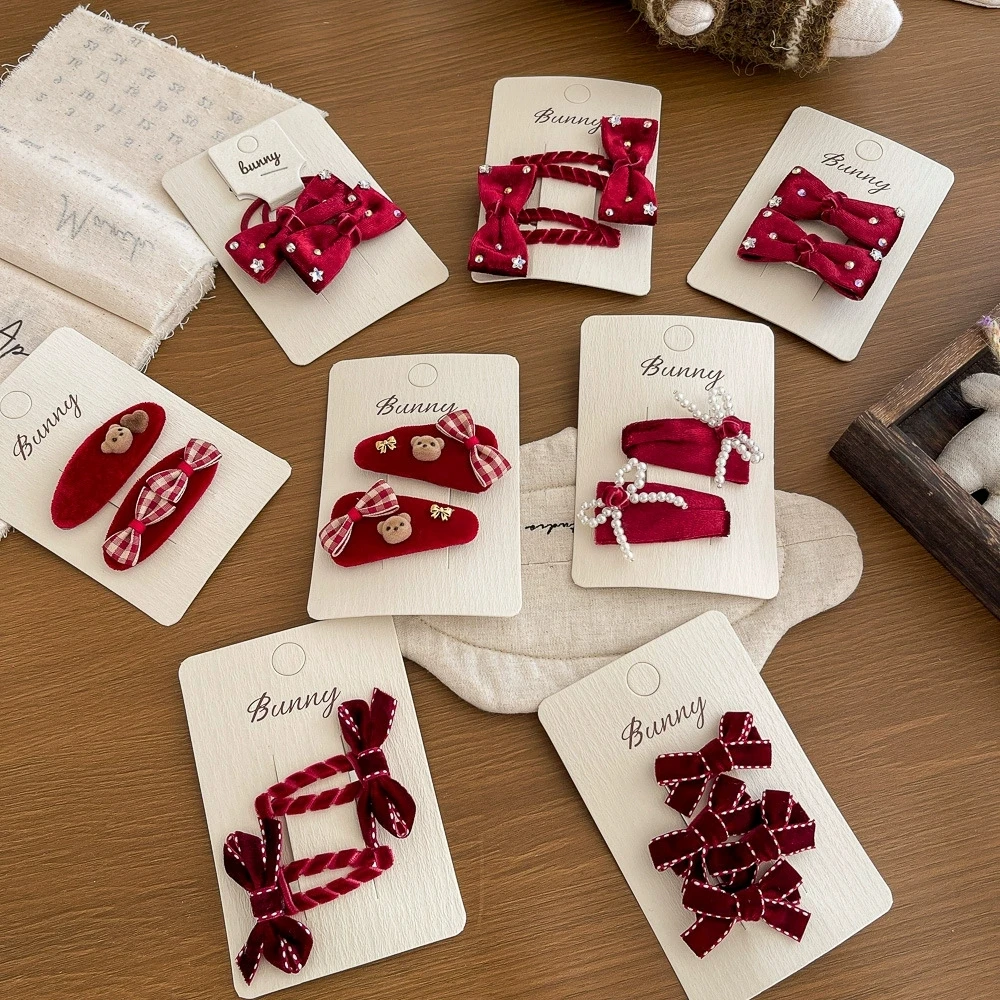 Velvet Bow Hair Clips for Girls Winter Red Snap Clip Hairpins Children Hair Accessories Baby Side Clips Hair Tie Bear Hairclips