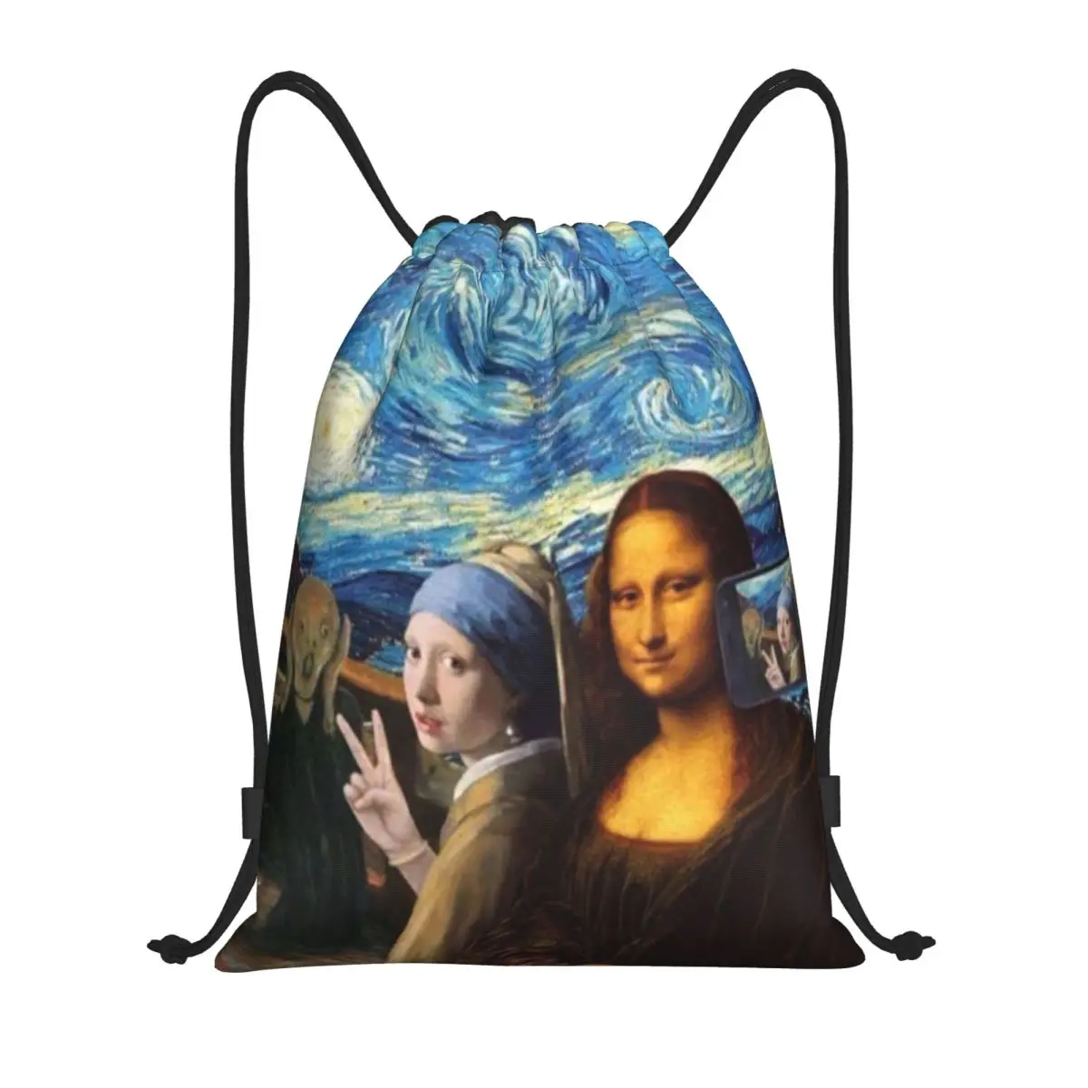 Custom Starry Night Mona Lisa And Vincent Van Gogh Drawstring Backpack Women Men Sport Gym Sackpack Foldable Training Bag Sack