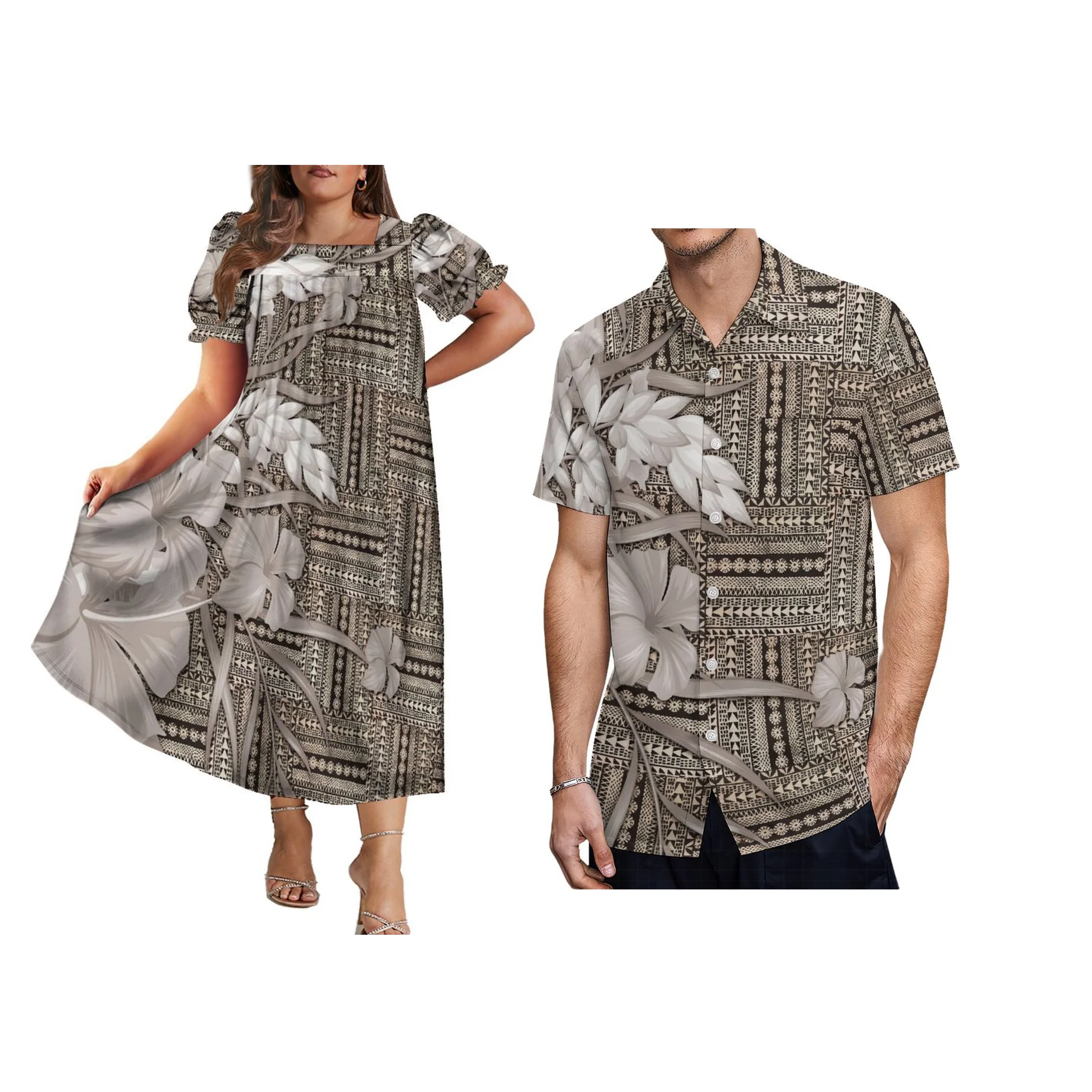 عالية الجودة البولينيزية القبلية طباعة زوجين 2 قطعة مجموعة Mumu فستان بأكمام قصيرة للنساء وقميص مطابقة للرجال الأزواج