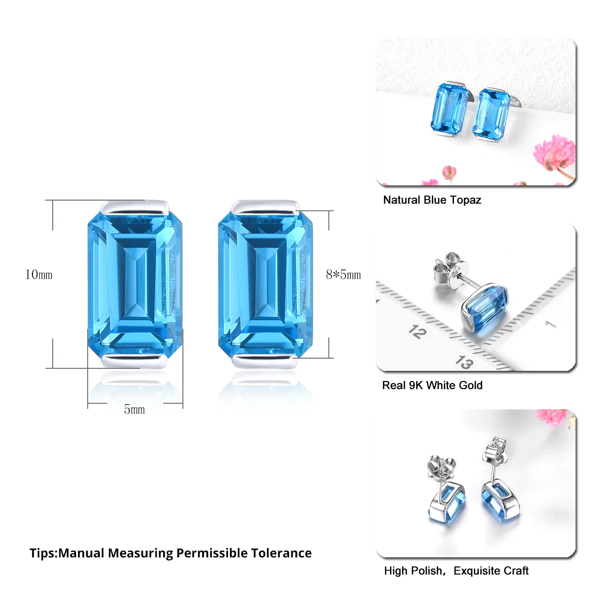 Lohaspie Natural Blue Topaz 9K White Gold Stud Earrings 3.3 Carats Genuine Gemstone Classic Fine Jewelry Top Quality Women Gift