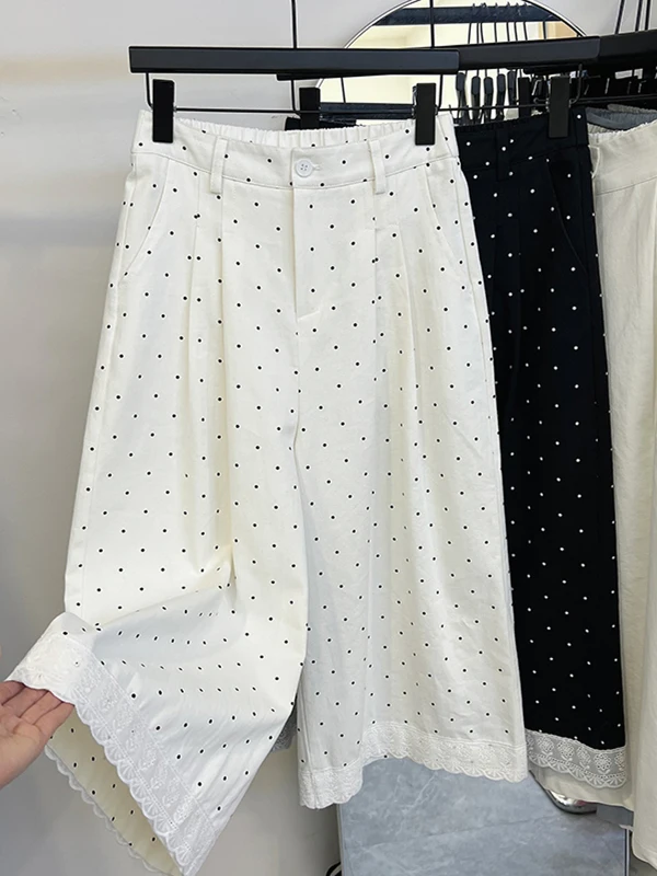 

Широкие брюки в горошек в стиле ретро, женские летние свободные утягивающие повседневные брюки с эластичной резинкой на талии и кружевной отделкой, прямые брюки с девятью точками