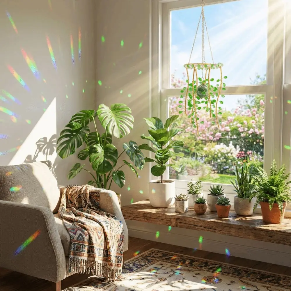 

Green Willow Branch Crystal Glass Pendant Handmade Hanging Willow Wind Bell Natural Rainbow Makers Rainbow Catcher