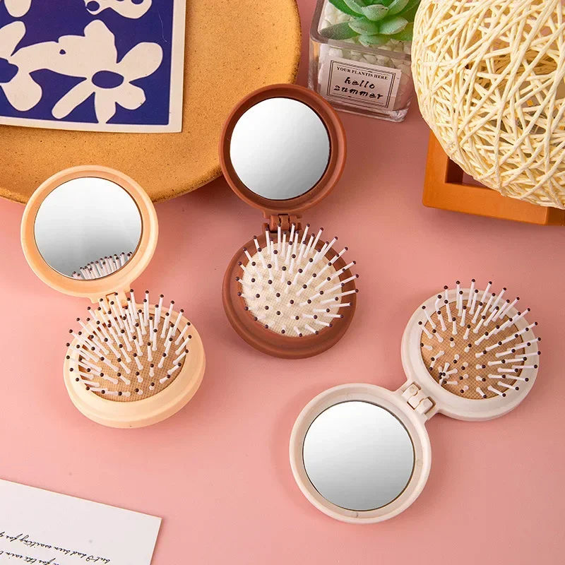 Plastic Mini Comb Cute Small Size Hair Comb With Folding Mirror Round Pocket Haircomb Air Cushion Fashion Folding Styling Tools