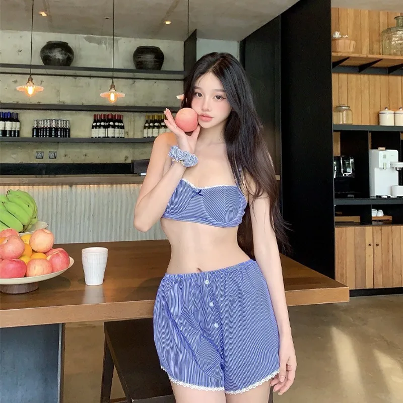 

2026 New Women's Three-Piece Swimsuit, Blue Striped High-Waisted Loose Slimming Straight-Leg Wide-Leg Shorts for Beach Vacation